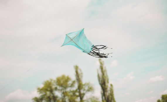 blue kite with black tail in flight